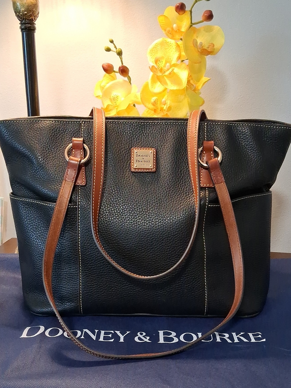 Dooney & Bourke Black Pebble Leather Tote with Brown Trim and Straps